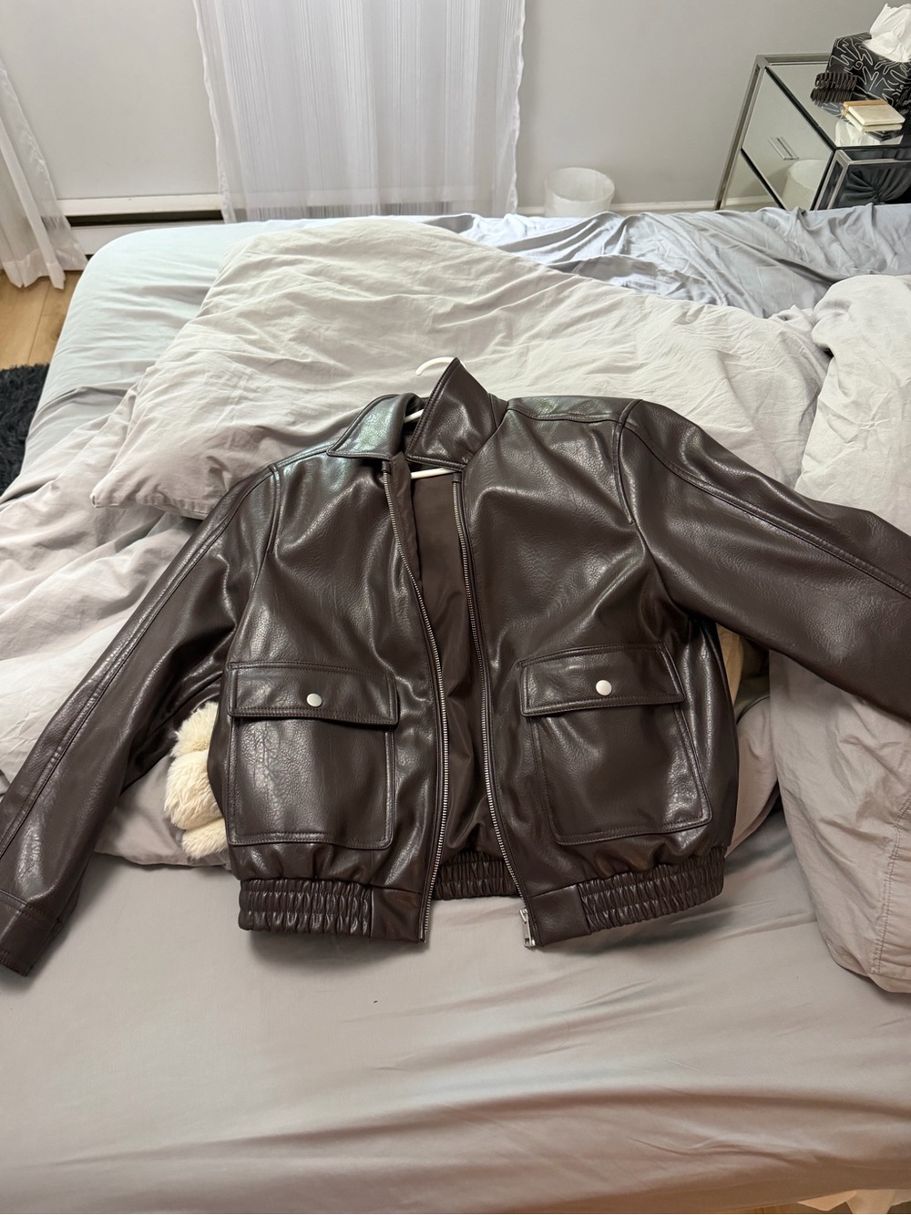 Zara woman’s chocolate Brown Faux Leather Bomber Jacket